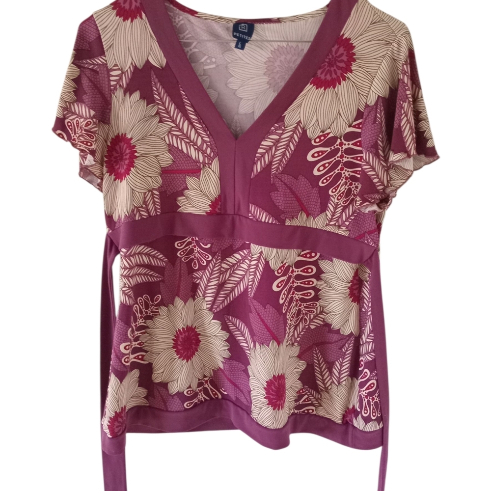 Reitman's Women's Petite Pink Floral V-Neck Short Sleeve Blouse Size Large